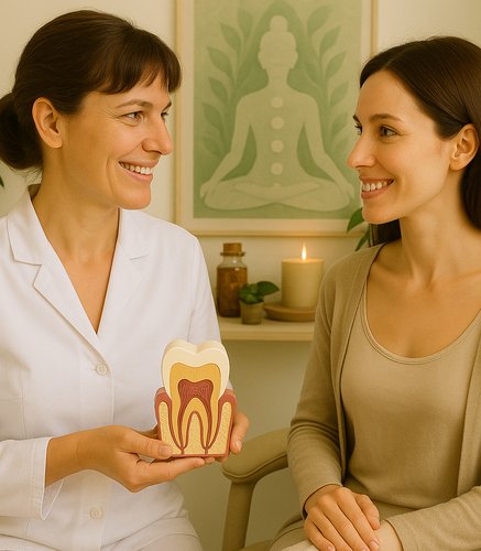 Zahnärztin mit Patientin und Zahnmodell