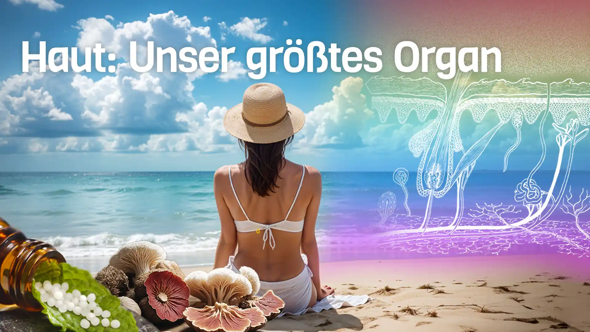Frau sitzt am Strand mit Text