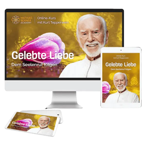Mockup mit Kurt Tepperwein und lila Blume auf goldenen Hintergrund