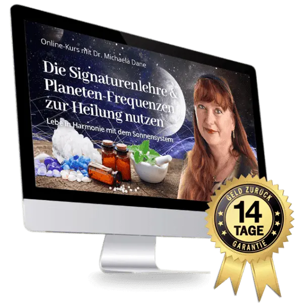 Planet mit Globuli, Heilsteine, Michaela und Text