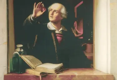 Zeichnung von Paracelsus mit Buch