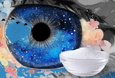 Auge und Boraxpulver in Glasschüssel