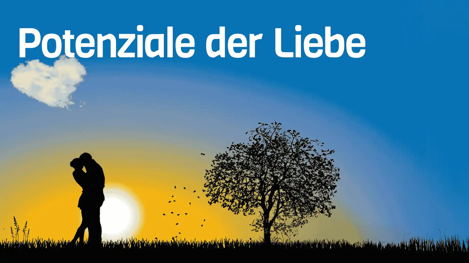 Paar umarmt sich mit Wolke in Herzform und Baum mit Text