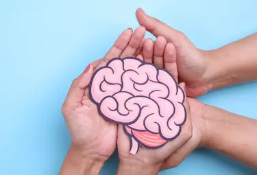 Hände die ein gemaltes Gehirn halten