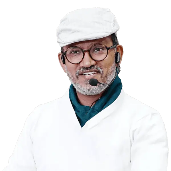 Portrait von Dinesh Chauhan in weißen Pullover