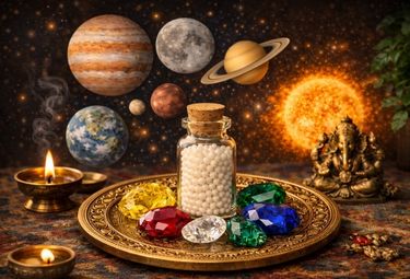 Globuli mit Edelsteinen auf goldenem Teller mit Planeten im Hintergrund