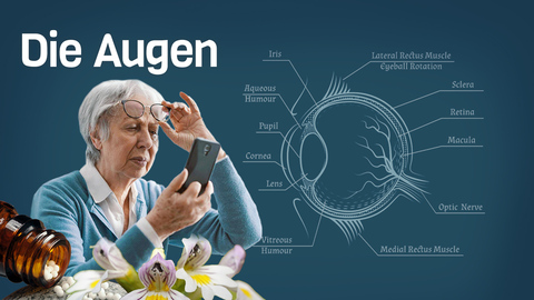 Frau mit Handy und Blumen mit Schrift und blauem Hintergrund