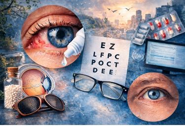 Gesundes und krankes Auge mit Augentropfen, Lochbrille, Buchstabentafel, Brille und Bildschirm