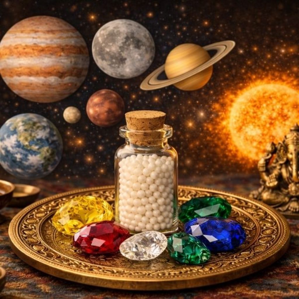 Globuliflasche auf goldenem Teller mit Edelsteinen und Planeten im Hintergrund