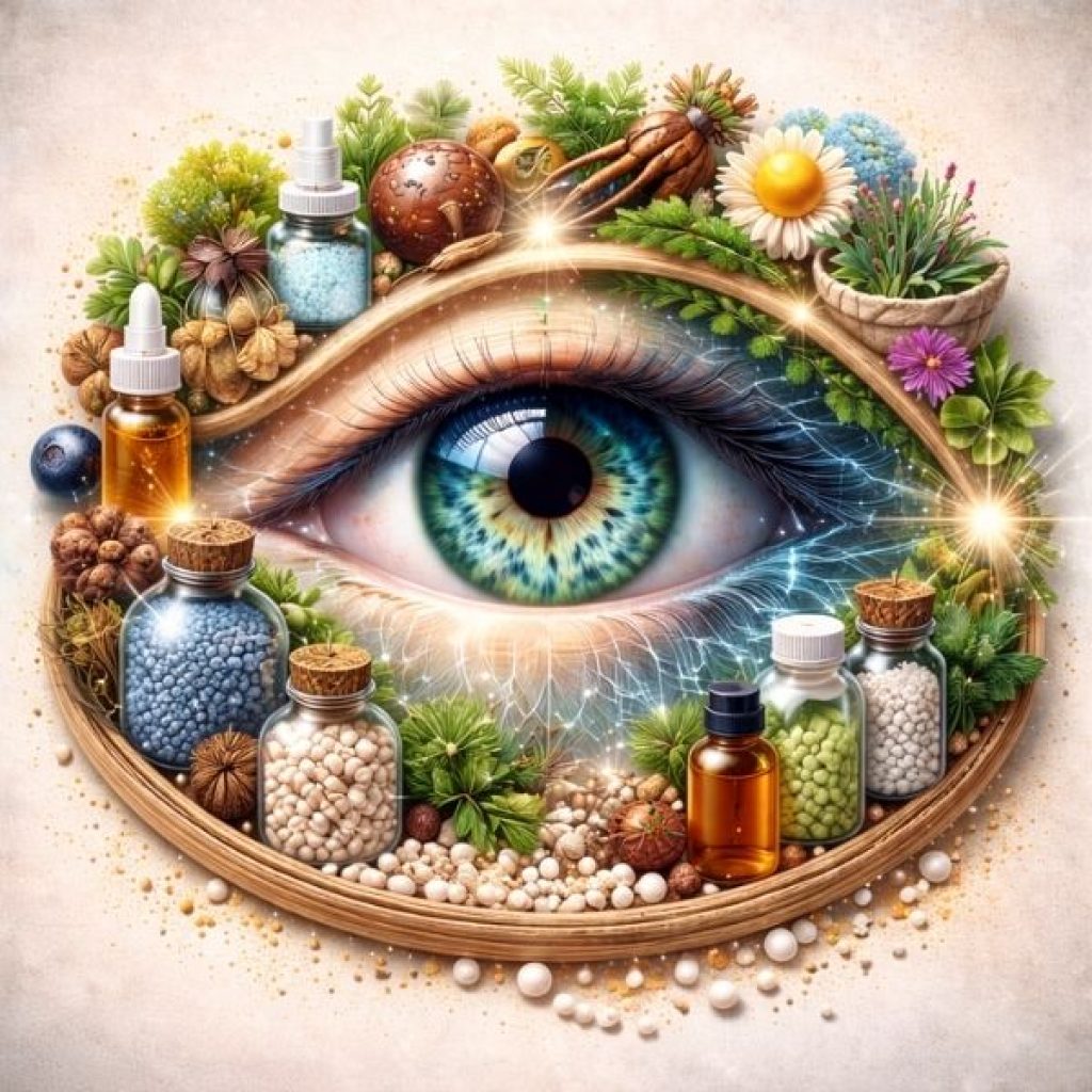 Auge mit verschiedenen Pflanzen und Globuliflaschen druherum