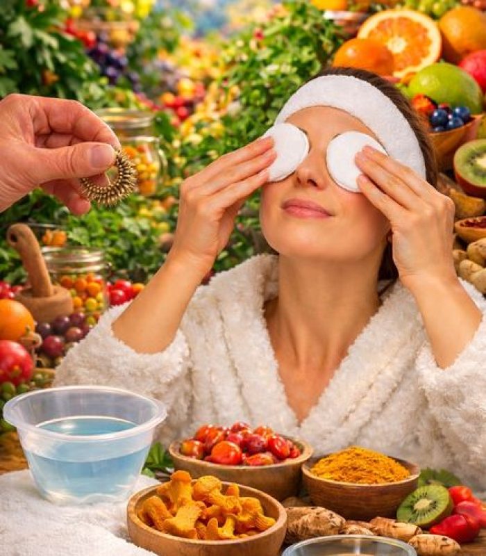 Frau mit Augenpads, Hand mit Massagering, Augenbadewanne und Lebensmittel