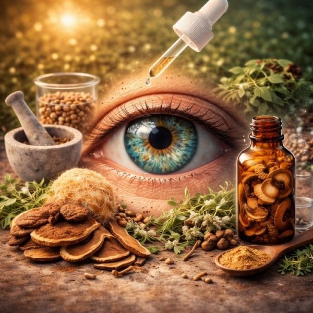 Auge mit Heilpilzen, Mörser und Elixier drumherum