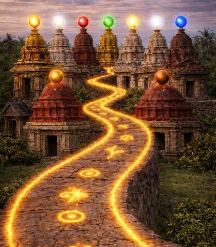 Golden leuchtender Weg zu neun Tempeln mit Edelsteinen auf der Spitze