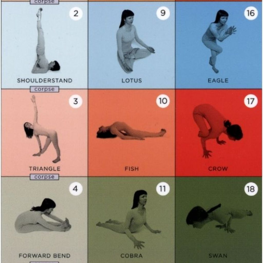 Verschiedene Yogapositionen auf buntem Hintergrund