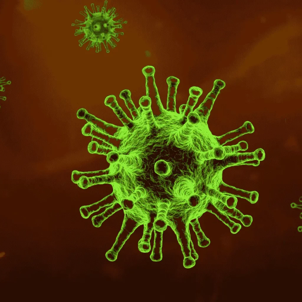 Sherr_Omikron – Hero Virus grüne Grafik auf braunen Hintergrund