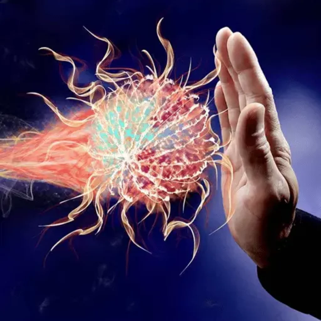 Handbewegung "Stopp" gegen Virus