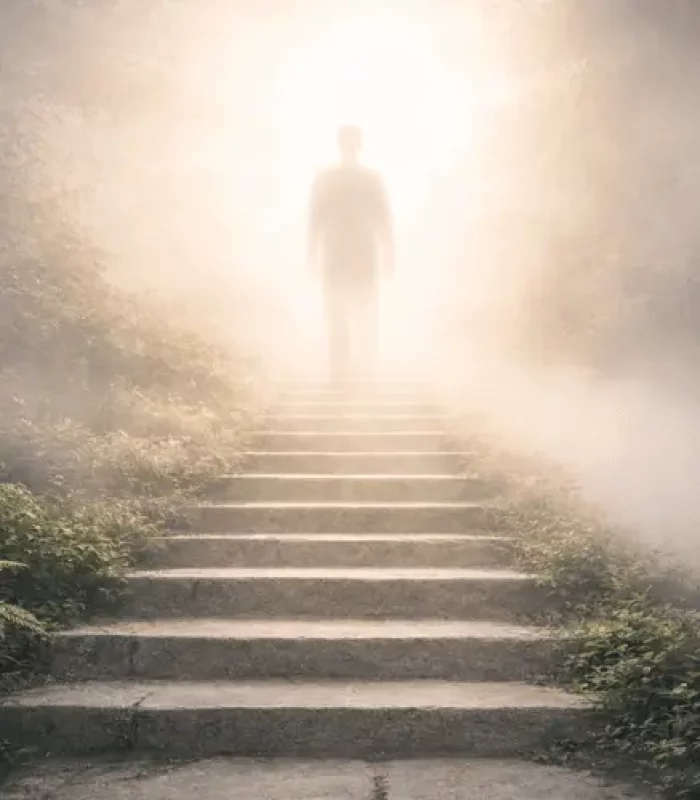 menschl. Kontur die eine Treppe hinauf geht ins Licht
